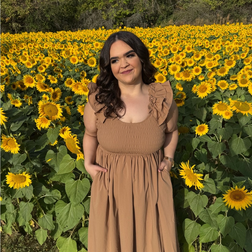 Entro Medium Tan Ruffle Midi Dress - Picture 2 of 10